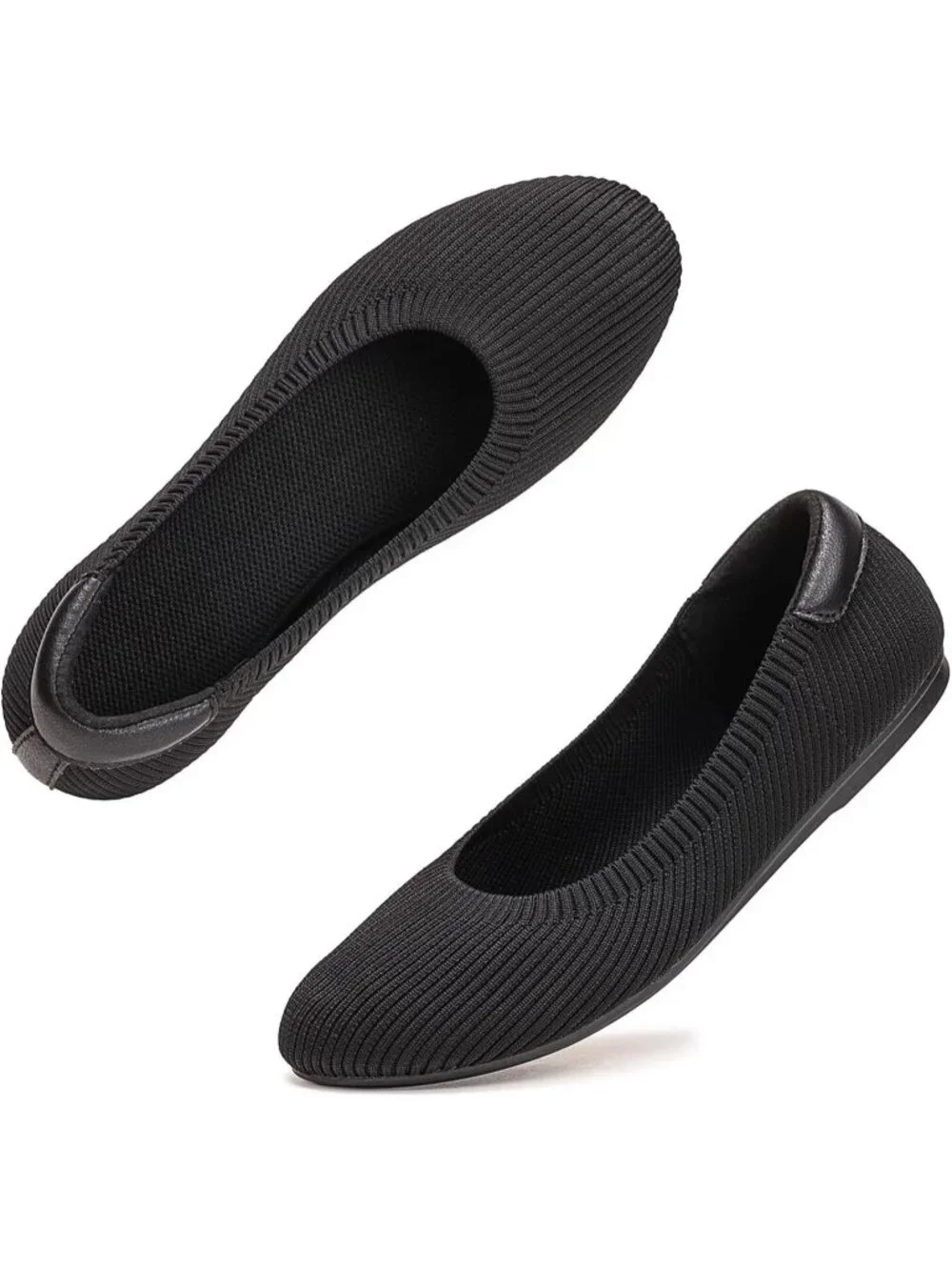 Women's All Black Round Toe Knit Low Wedge Slip On Ballerina Ballet Flat Shoes